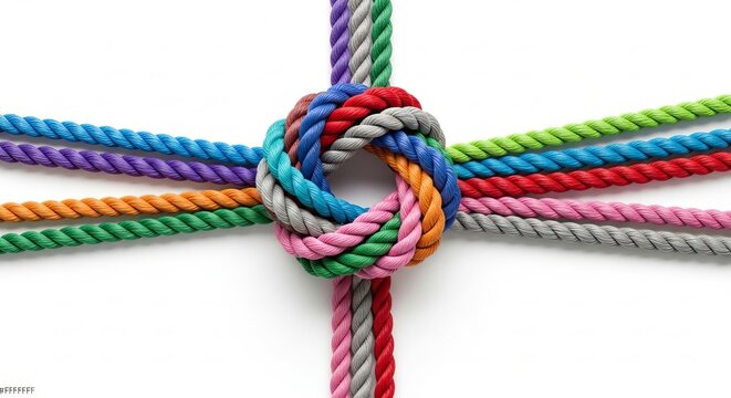 Vibrant multicolored ropes tied in a central knot, colorful intertwined strands colorful threads rope texture