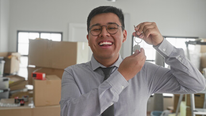 Fototapeta premium Man holding a house key and smiling in a building surrounded by moving boxes and ladder; homeownership joy.