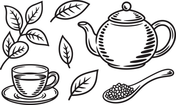 Set of tea related items including tea leaves, a teapot, a teacup with saucer, and a spoon with tea.