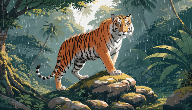 Majestic tiger portrait vector before dense forest plants, symbolizing strength, wilderness, and exotic wildlife scenery concept.
