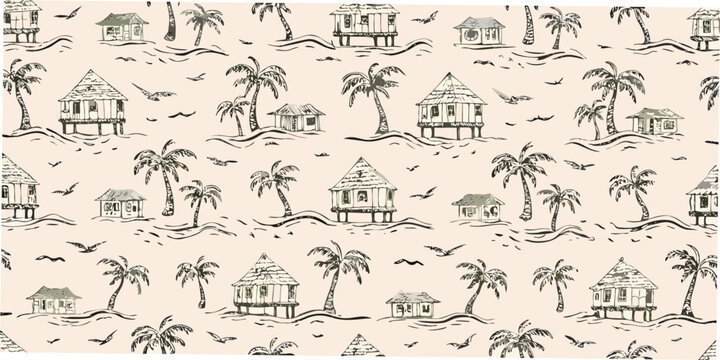 Tropical huts and palm trees seamless pattern hand drawn style