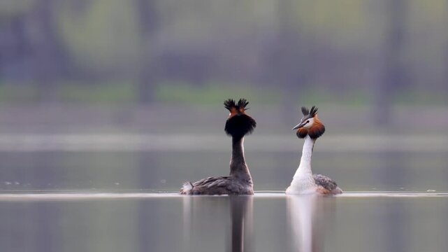 A couple of great grebes swim on the lake