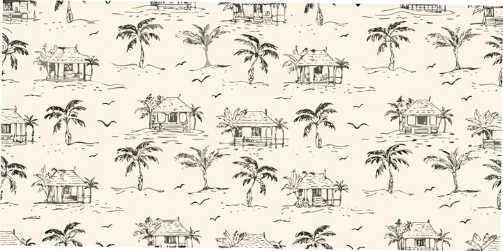 tropical island pattern with palm trees and huts hand drawn style