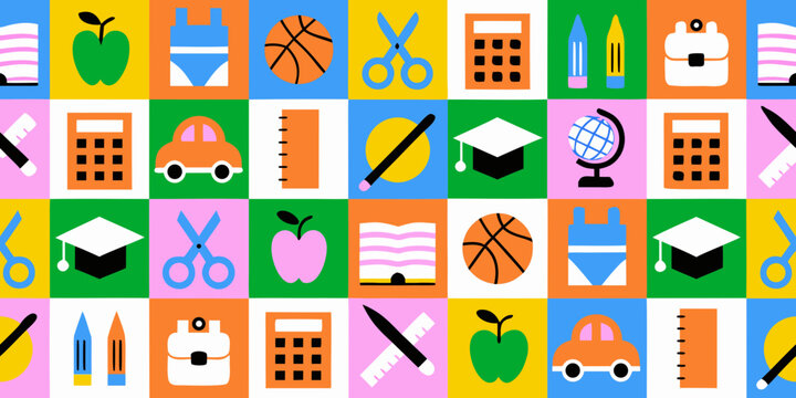 Colorful flat design grid of school supplies and objects