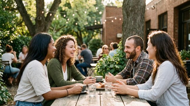 Diverse group of happy friends talking and laughing over coffee at a rustic outdoor cafe table under trees.