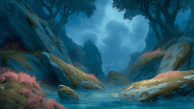 Mystical forest canyon with glowing river, towering trees, misty cliffs, and pink foliage in a fantasy landscape.