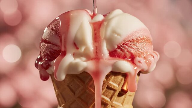 Close-up of a pink and white soft-serve ice cream cone in a waffle cone against a pink bokeh background