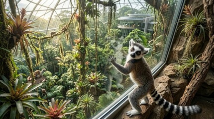 Fototapeta premium Ring-tailed lemur looking through glass in a jungle enclosure