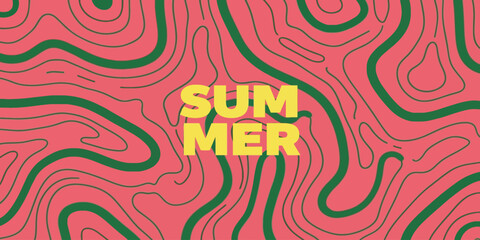 Summer vector illustration with abstract green wavy lines on a pink background. Modern artistic design for posters, banners, greeting cards, and social media posts. © Marjahan