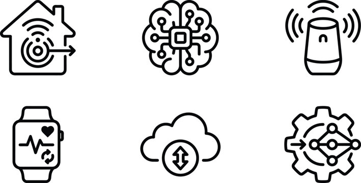 Six line icons representing various aspects of modern technology, including smart home, artificial intelligence, voice assistant, wearable tech, cloud computing, and data processing.