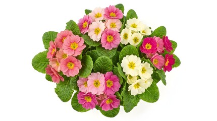 Fototapeta premium Beautiful primrose flowers arranged in a lush bouquet on white background.