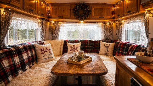 A cozy and inviting interior of a camper, featuring warm lighting, plush seating, and festive decorations that create a welcoming atmosphere.