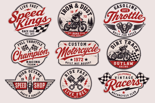 A collection of nine vintage motorcycle racing and speed-themed emblems, featuring retro illustrations of bikes, helmets, and racing elements with distressed textures.