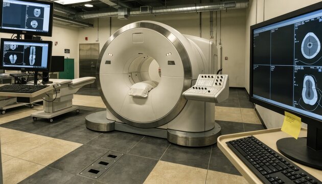 Medical imaging scanner machine, hospital examination room.