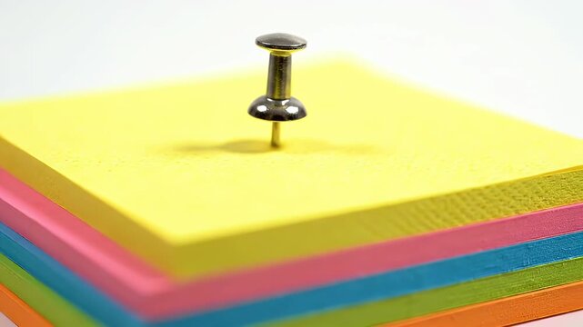 Close-up of a Sharp Nail Standing Upright on a Stack of Bright Multicolored Sticky Notes