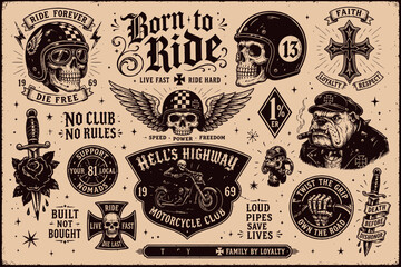 Fototapeta premium A collection of vintage-style motorcycle club and biker-themed illustrations and emblems on a beige background.