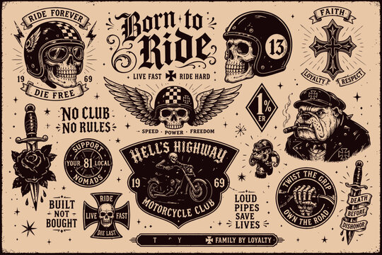 A collection of vintage-style motorcycle club and biker-themed illustrations and emblems on a beige background.