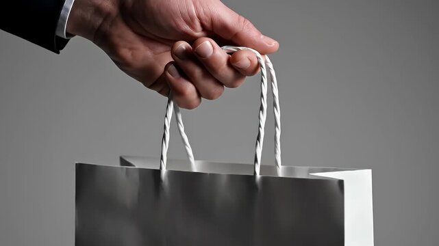 Close-up of a suited hand firmly gripping a white rope against a plain gray studio backdrop
