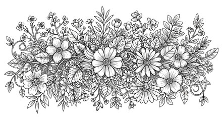 Fototapeta premium Black and white floral illustration with various flowers and leaves.