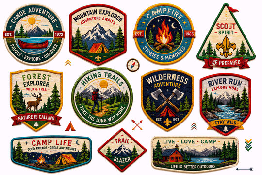 Vintage outdoor adventure and camping patches with nature scenes and recreational activities.