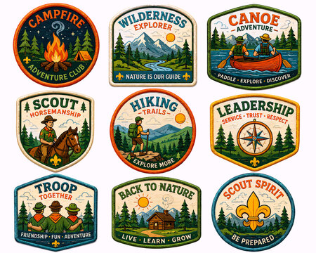 Adventure club badges for scouting and outdoor activities campfire, hiking, canoeing, and more