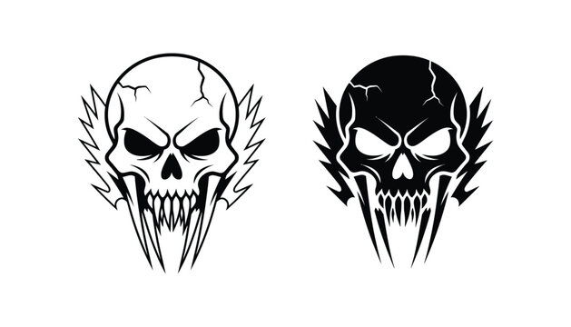 Fierce skull with flames and sharp teeth vector graphic illustration black and white outline and silhouette versions