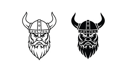 Viking warrior head icons wearing horned helmets in black and white line art and solid versions for mascot logo design and historical scandinavian mythology themed projects in vector style © Pixel