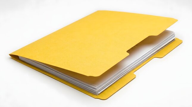 Yellow folder with documents inside on white surface for organization.
