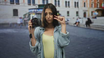 Fototapeta premium Young hispanic woman holding camera pinching fingers to show small at street; frustration travel mishap.
