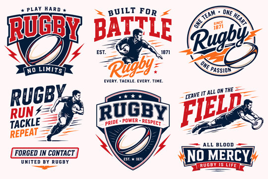 Collection of six vintage-style rugby sports emblem designs with players, balls, and motivational slogans, perfect for apparel or team branding.