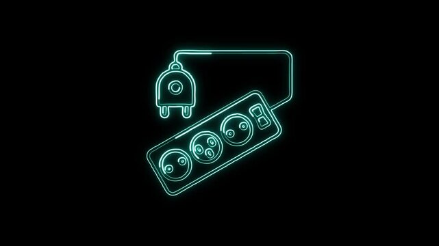 Glowing neon line Power Strip icon with electric connection animation. Extension board icon animation HD video isolated on black background