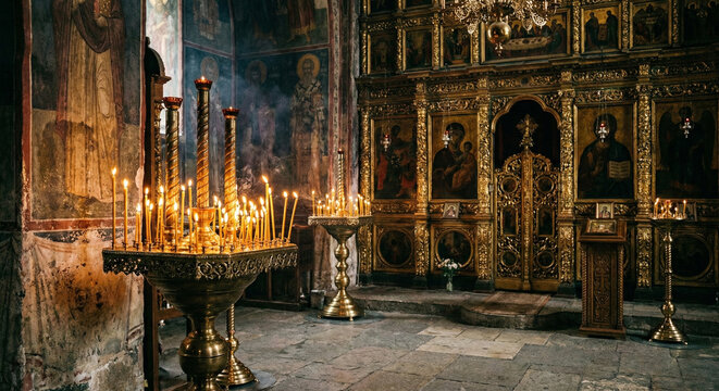 Golden iconostasis and candle stands with lit beeswax candles inside ornate ancient Orthodox cathedral with wall murals.