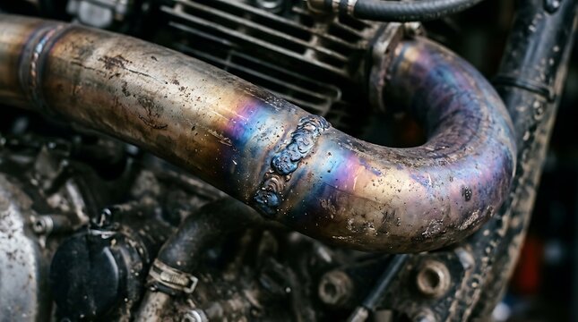 Close-up of a dirty, rugged metallic exhaust pipe on a powerful engine, showcasing visible welds and vibrant heat discoloration