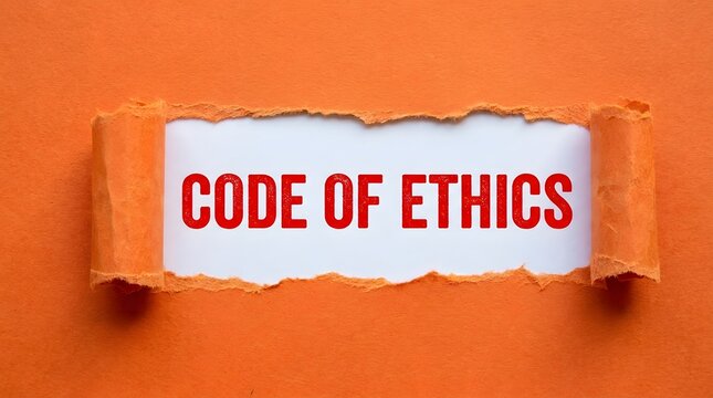 Torn orange paper reveals a clean white background with code of ethics.