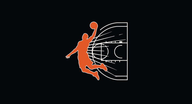 Silhouette of Basketball Player Slam Dunking on Court Lines, Energetic Sports Action on a Dark Studio Background