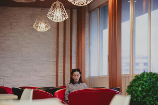 Young Asian woman studies reading book anf Siting on red chair in quiet library. Books line tall shelves behind. she holds book, calm concentration. Ideal for educational or study-themed projects