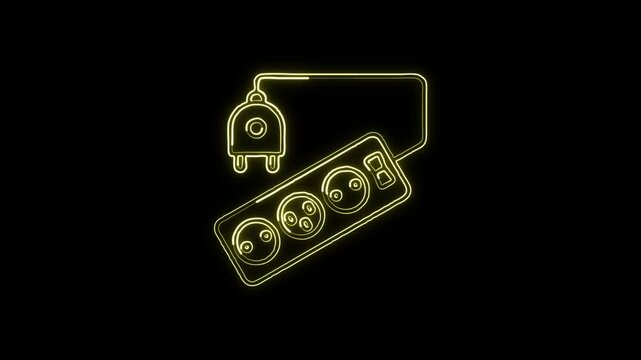Glowing neon line Power Strip icon with electric connection animation. Extension board icon animation HD video isolated on black background