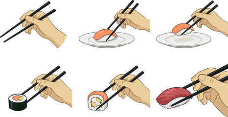 Step by Step Chopsticks Tutorial Illustration Showing Proper Sushi Handling Techniques, Japanese Dining Etiquette, and Asian Food Instruction Guide Designs © MSTFarjana