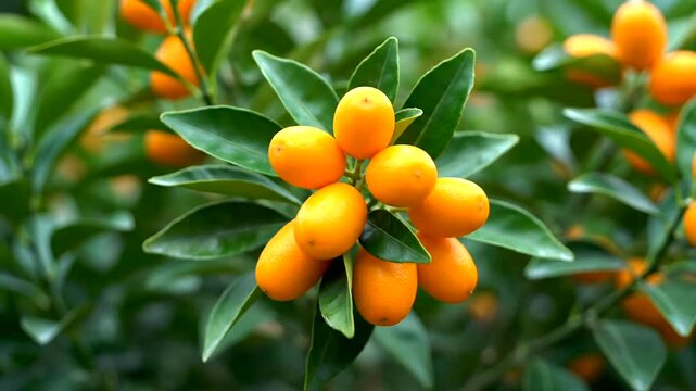 Close-up of a cluster of ripe kumquats on a tree branch with green leaves.