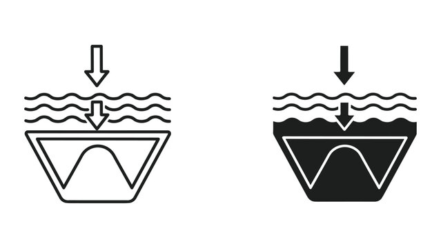Two funnel shapes with arrows and waves on top in black and white