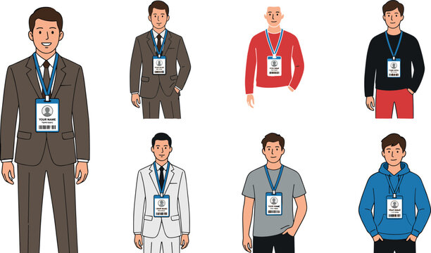 Male Characters Wearing Identification Badge Collection with Business, Casual, and Professional Employee Outfits for Corporate and Workplace Illustration Designs