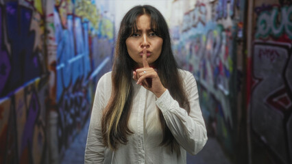Obraz premium Young latina brunette woman with finger to lips for silence in a graffiti covered city street alley; urban secrecy.