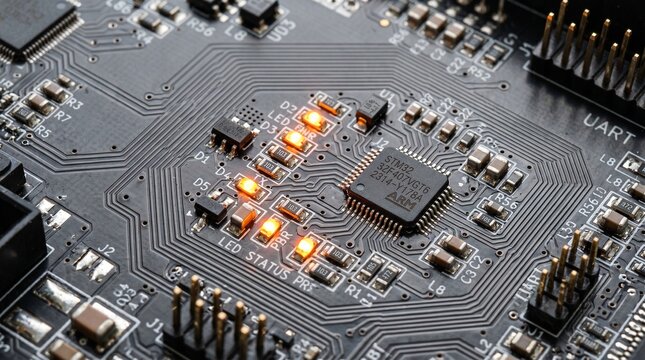 Close-up of Computer Motherboard with Amber LED Indicators Lit

