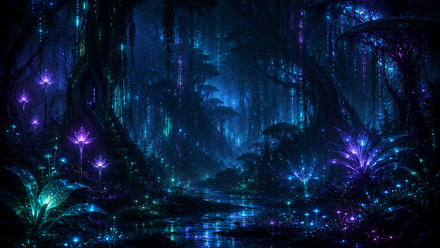 Bioluminescent futuristic forest with glowing alien plants