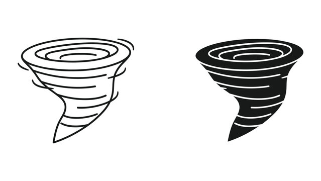 Two black and white tornado icons in line art style for weather or disaster concepts isolated on white background