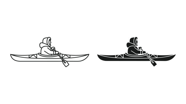 Vector illustration of kayakers in line art and solid black styles paddling on water isolated on white background