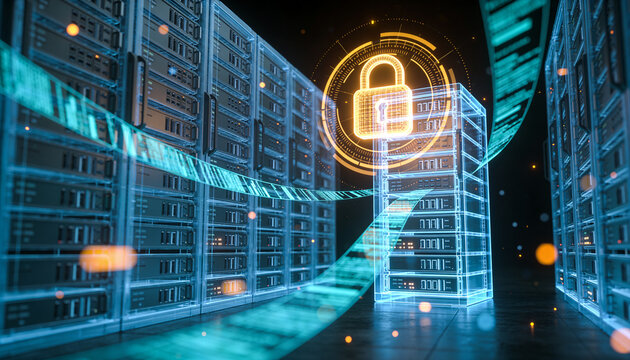 Glowing padlock overlay on a holographic semi-transparent server rack projection, floating holographic data ribbon streams, clean 3D render, dark futuristic backdrop, vivid color scheme, logo-free