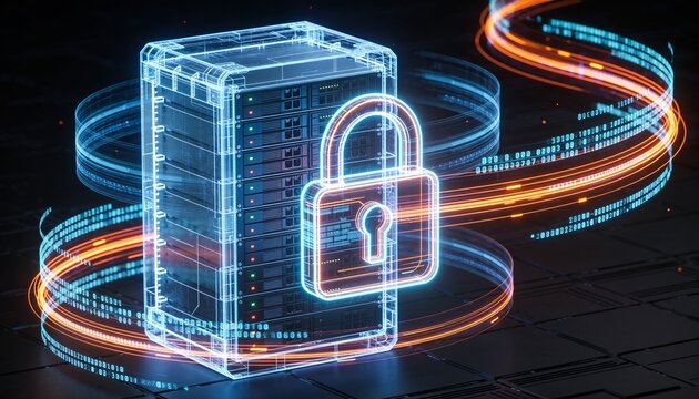 Glowing padlock overlay on a holographic semi-transparent server rack projection, floating holographic data ribbon streams, clean 3D render, dark futuristic backdrop, vivid color scheme, logo-free