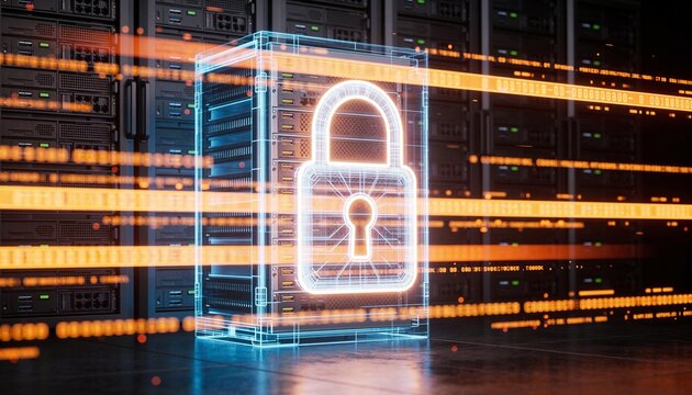 Glowing padlock overlay on a holographic semi-transparent server rack projection, floating holographic data ribbon streams, clean 3D render, dark futuristic backdrop, vivid color scheme, logo-free