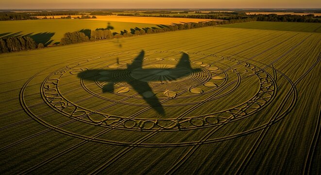 Airplane shadow on crop circle field.